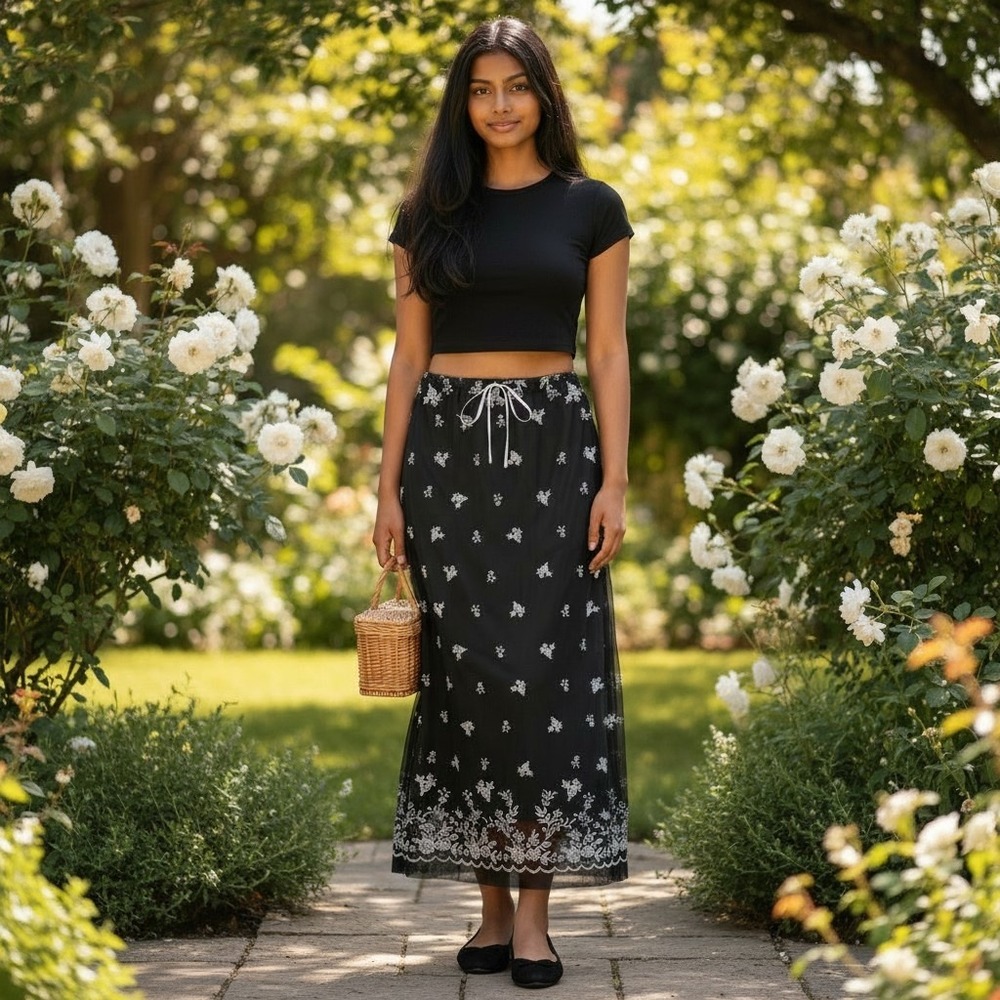 Forever 21 Mesh Maxi Skirt Womens M Black Embroidered Floral Whimsigoth Romantic